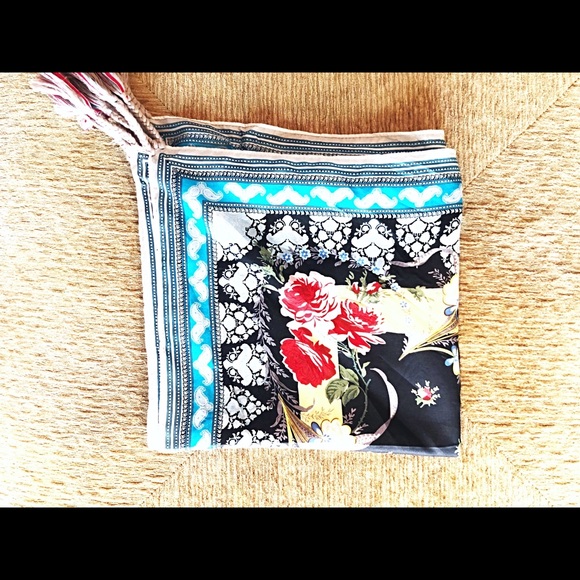 Johnny Was Black Floral 42” Square Tasseled Rayon Scarf EUC, Navy, With Box - Picture 6 of 9